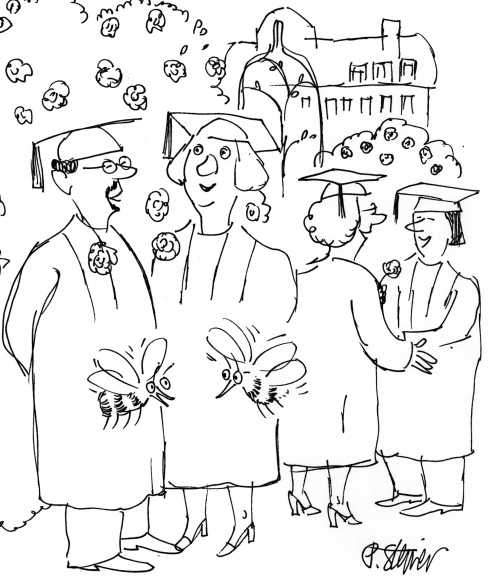 Cartoon of alumni in rose garden with two talking bees